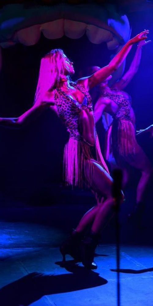 Group of female dancers in leopard-print costumes performing under pink and blue stage lights with a carnival-style mouth backdrop.
